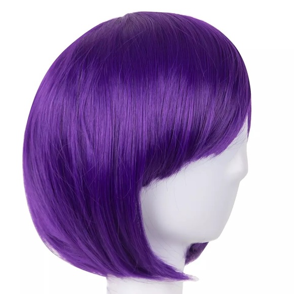 Fei-Show Bob Oblique Bangs Short Wavy Wigs Purple Synthetic Hairpiece - Picture 3 of 7